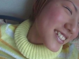 Little jap girlfriend squeezing her tits while getting cunt finger fucked