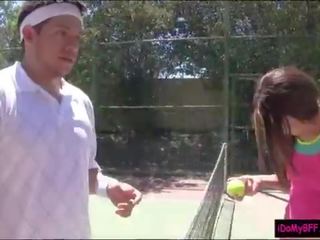 Two voluptuous BFFs pounding with tennis coach